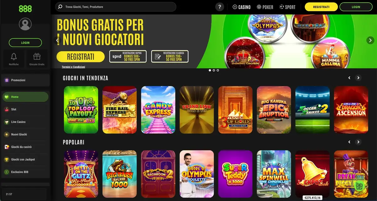 Homepage di 888casino con il bonus di benvenuto
