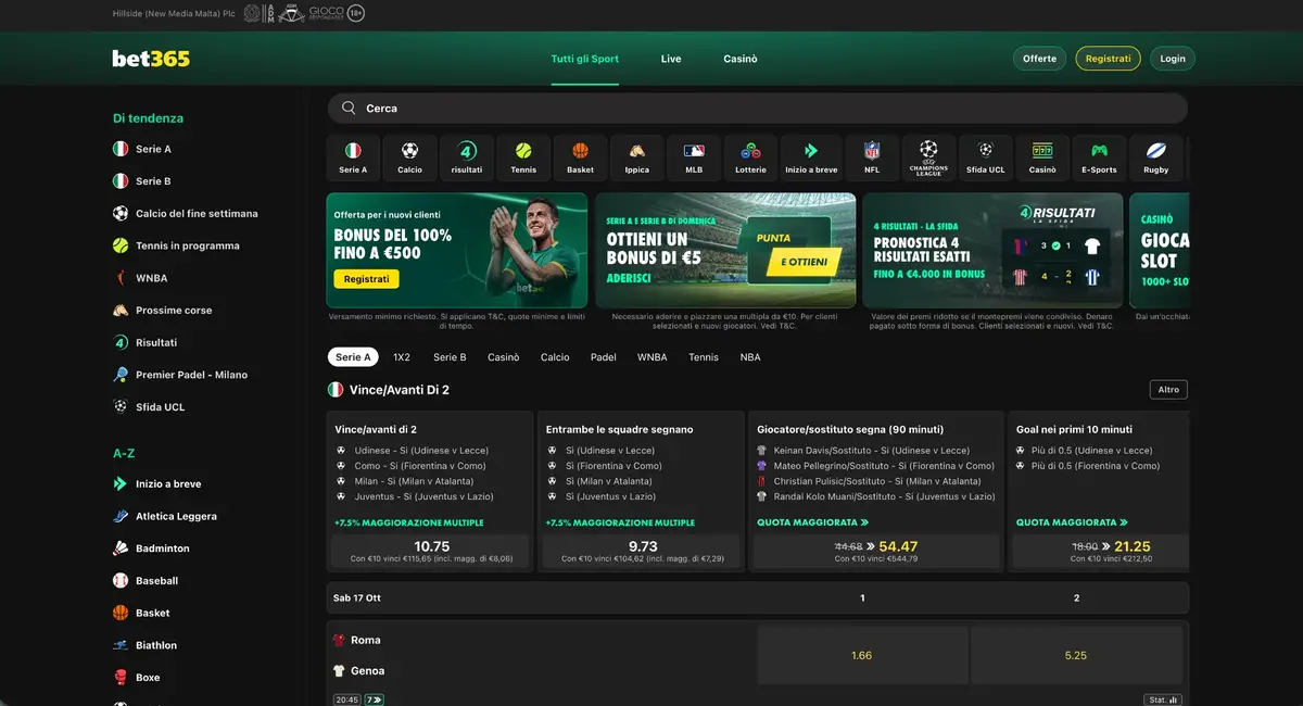 Homepage di bet365 con il bonus di benvenuto