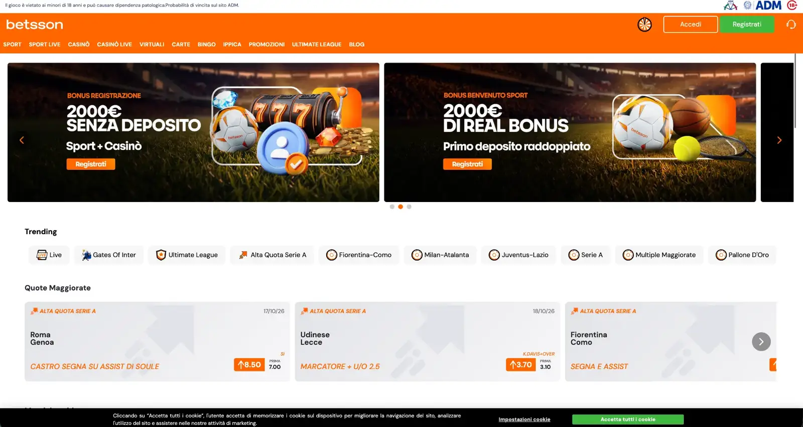 Homepage di Betsson con il bonus di benvenuto