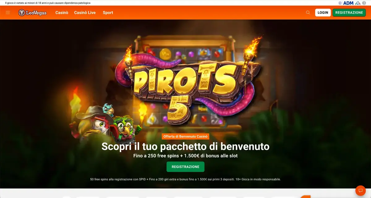 Homepage di LeoVegas con il bonus di benvenuto
