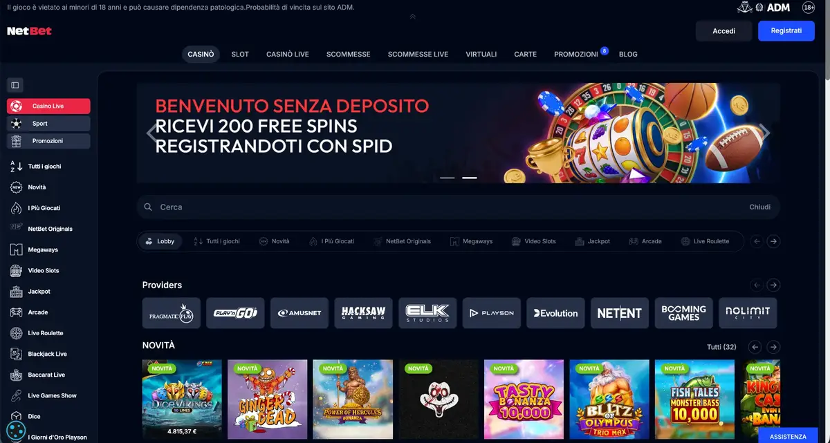 Homepage di NetBet con il bonus di benvenuto