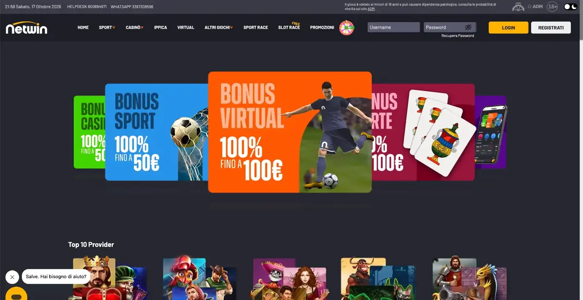 Homepage di Netwin con il bonus di benvenuto