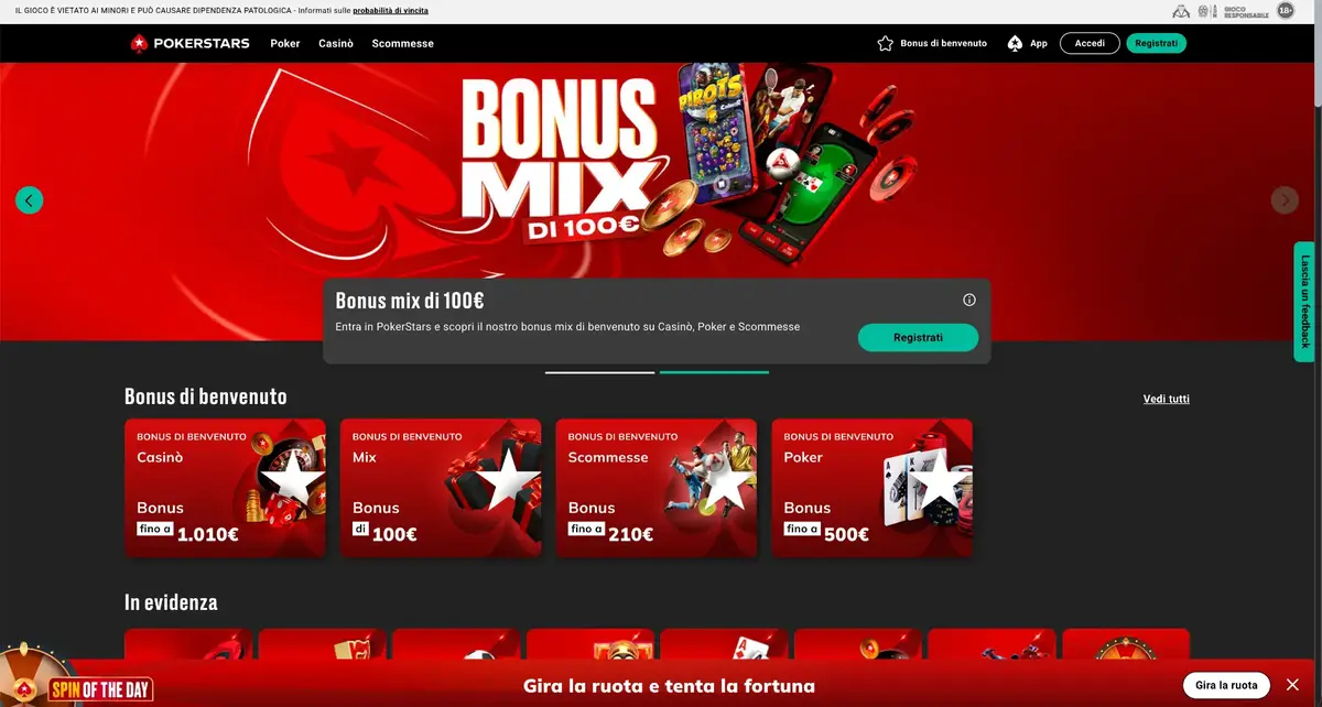 Homepage di PokerStars con il bonus di benvenuto