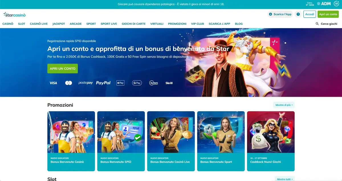 Homepage di StarCasinò con il bonus di benvenuto
