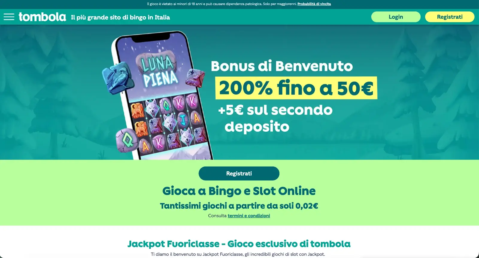 Homepage di tombola con il bonus di benvenuto